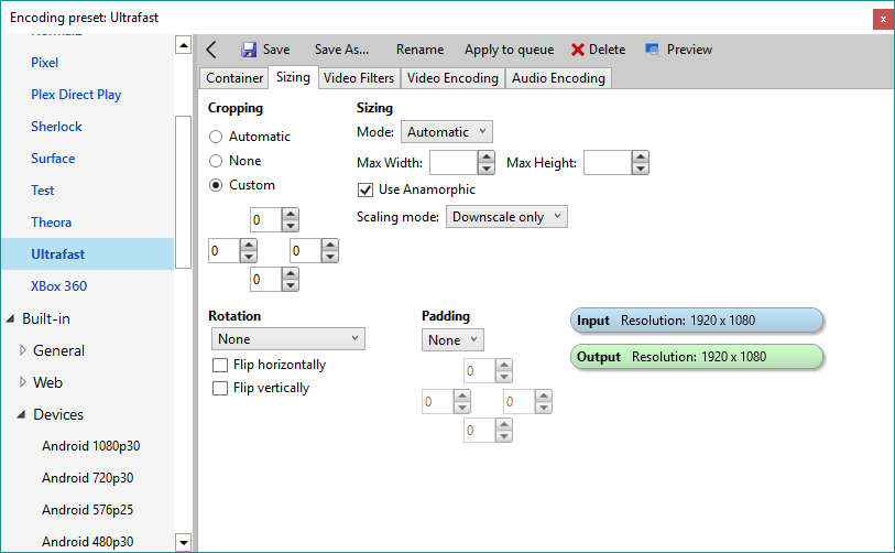 Encoding settings